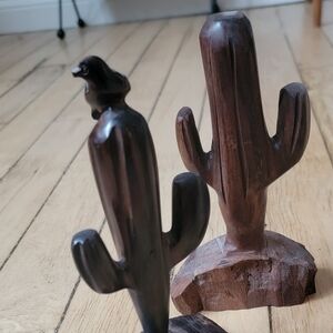 Pair mid-century, Vintage hand-carved, Hawk & Saguro Cactus Sculptures/Bookends